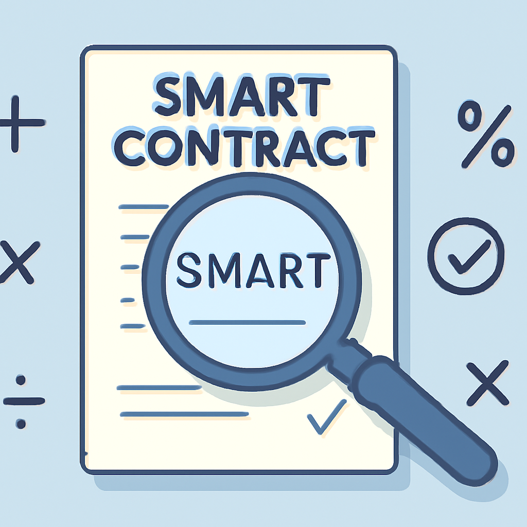 A smart contract being examined under a magnifying glass, with mathematical symbols and audit checkmarks, digital art
