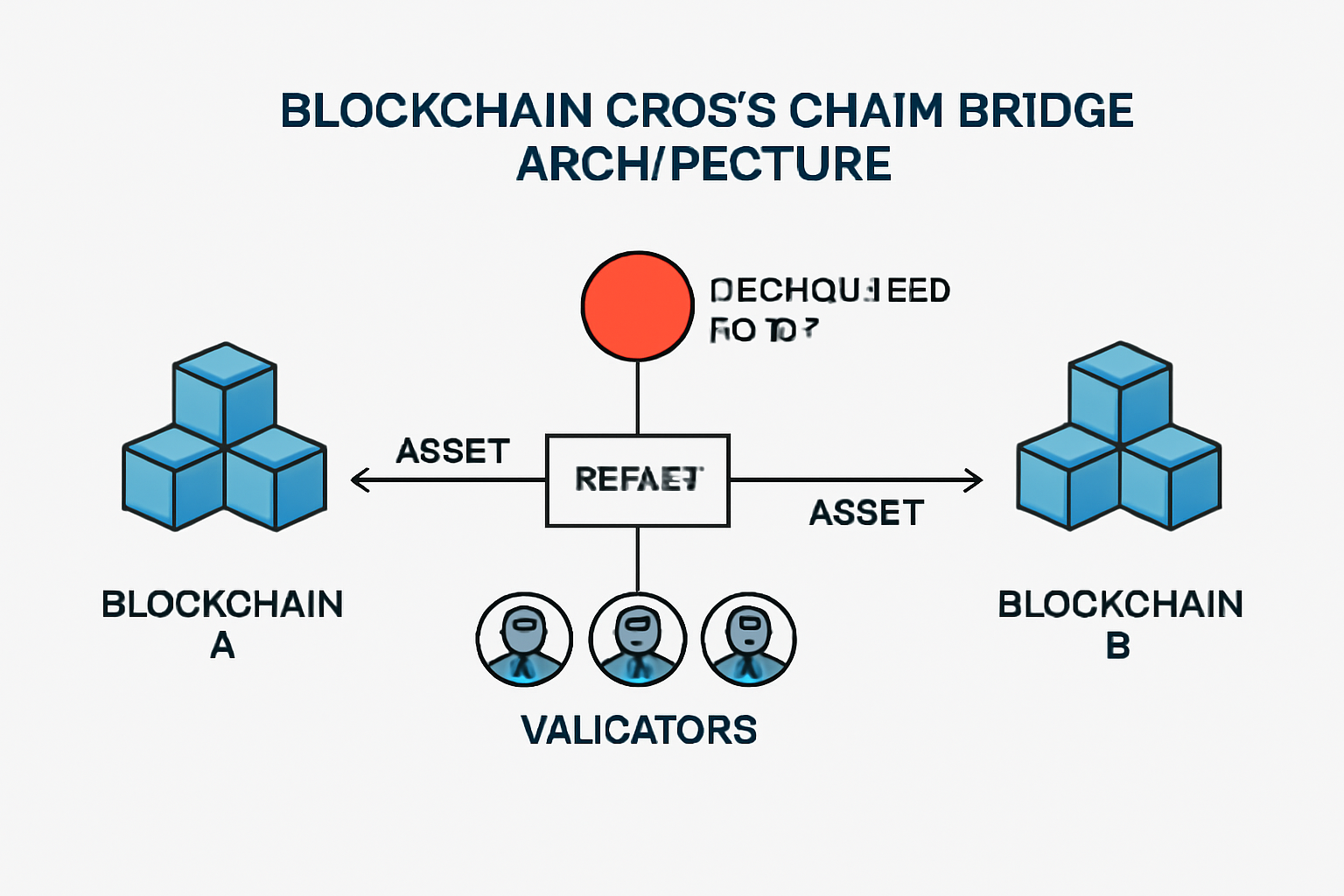 A technical diagram of a blockchain cross-chain bridge architecture with highlighted centralized points and validators, digital style