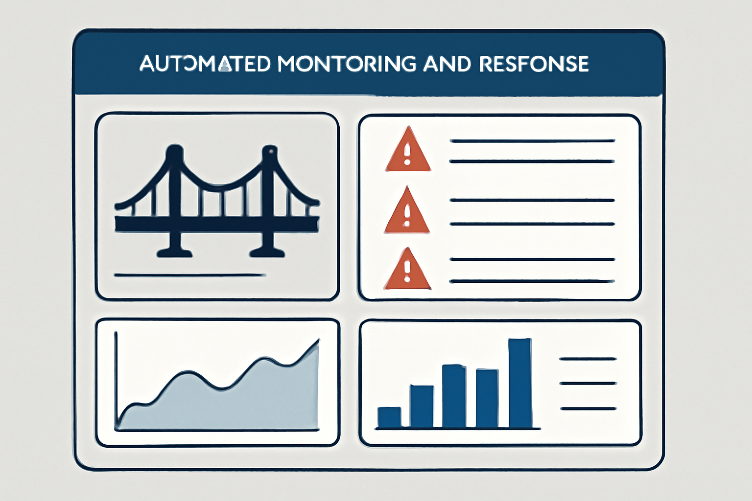 A dashboard with real-time alerts, graphs, and a bridge icon, showing automated monitoring and response, digital interface style
