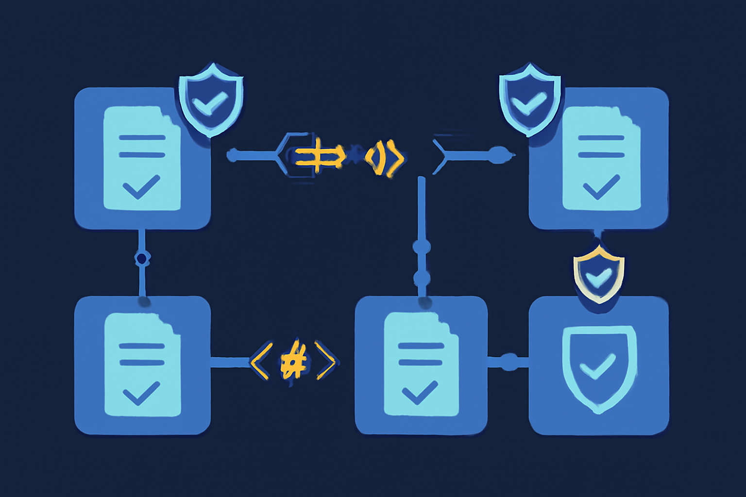A blockchain with cryptographic proofs and shield icons, showing secure transaction validation, futuristic digital style