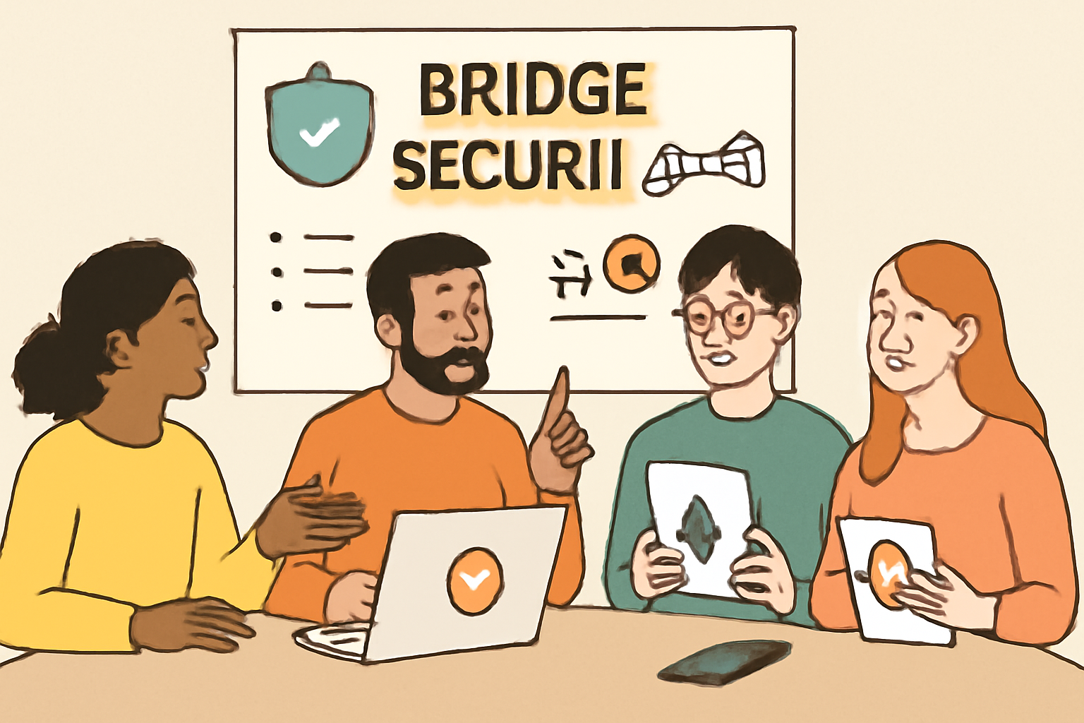 A group of diverse crypto users learning and discussing bridge security, with educational materials and digital devices, friendly illustration