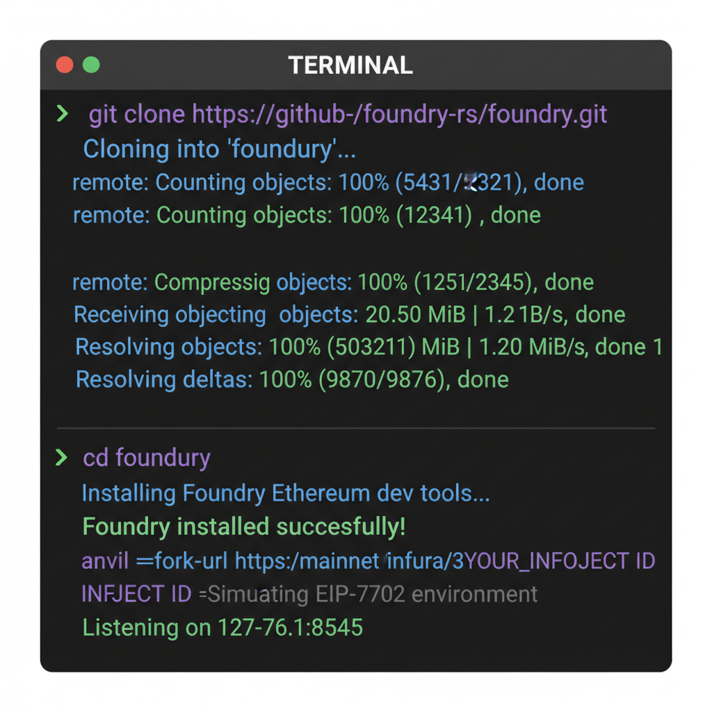 terminal window dark mode installing Foundry Ethereum dev tools EIP-7702 anvil fork clone command line interface code syntax highlight