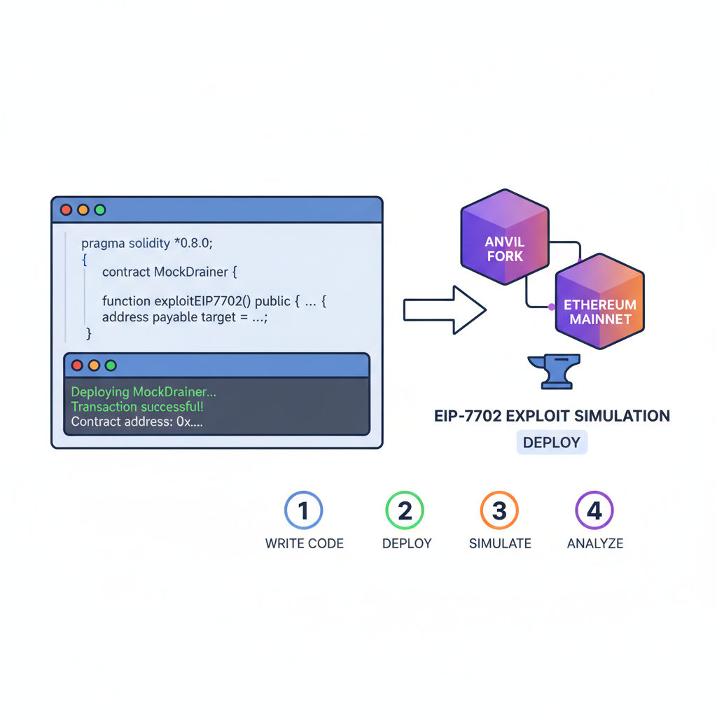 Solidity code editor deploying mock drainer smart contract Ethereum EIP-7702 exploit simulation anvil fork blockchain