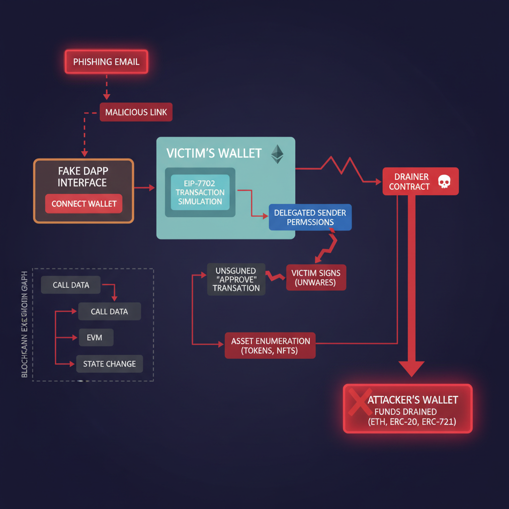 Ethereum wallet simulation delegation exploit EIP-7702 phishing attack drainer contract execution graph flowchart dark theme