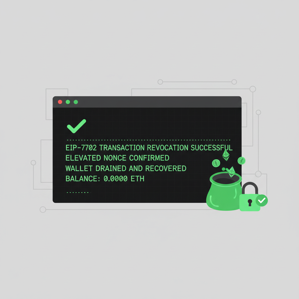 crafting Ethereum transaction revocation EIP-7702 elevated nonce terminal output success green check drained wallet recovery