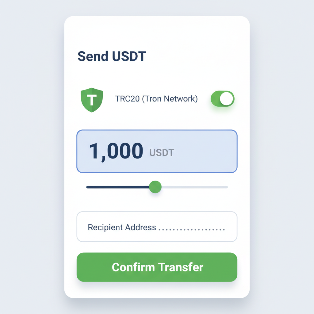 simple illustration of selecting USDT amount and Tron network on a mobile app screen
