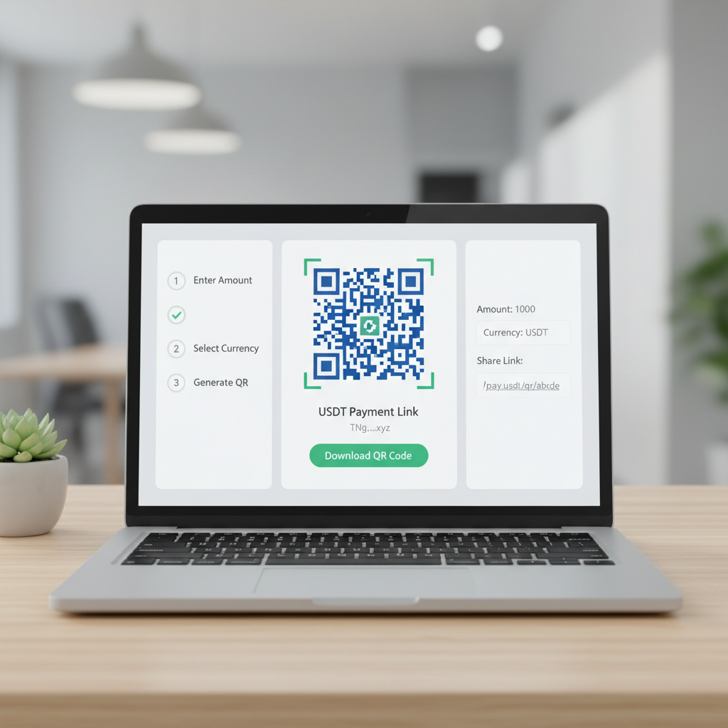 QR code generation screen for USDT payment link on laptop, clean UI