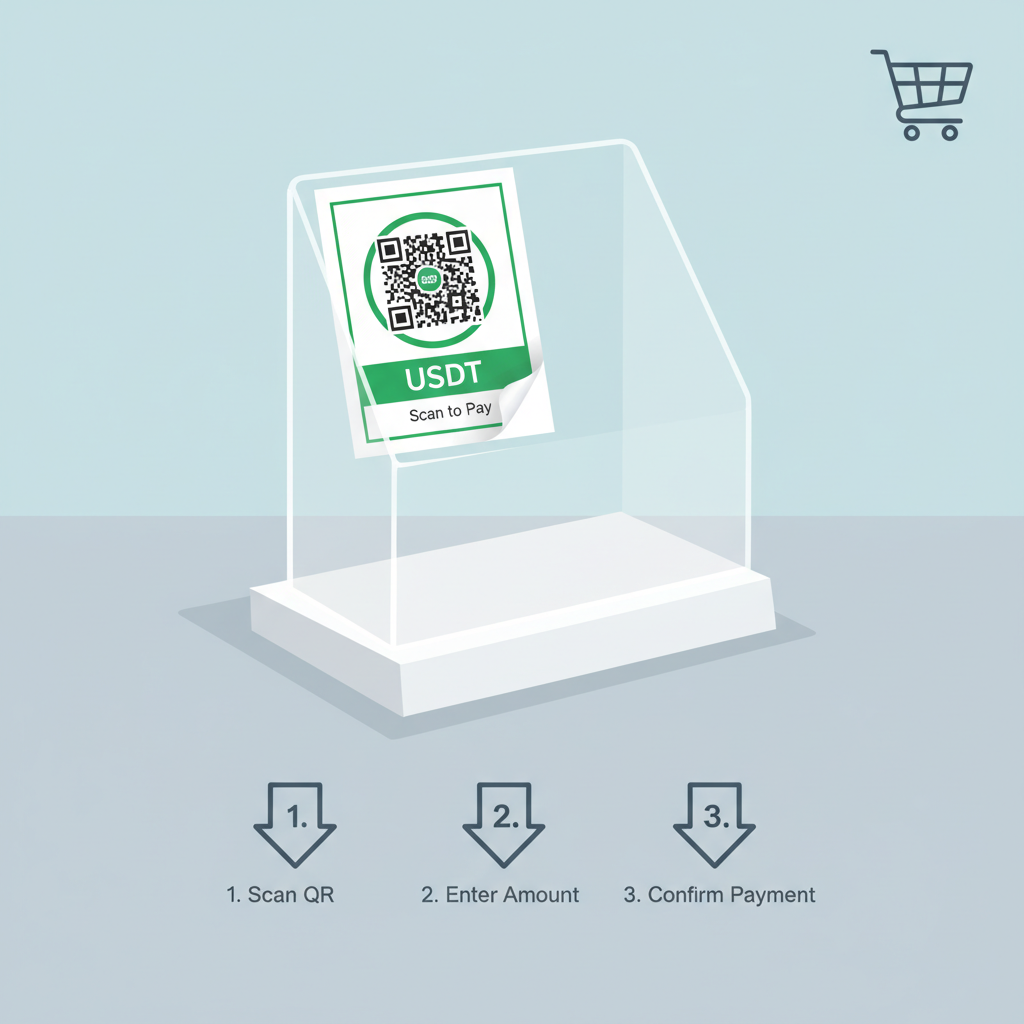 printed USDT QR code sticker on retail counter display