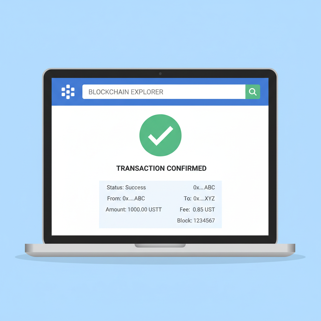 laptop screen showing USDT transaction confirmed on blockchain explorer