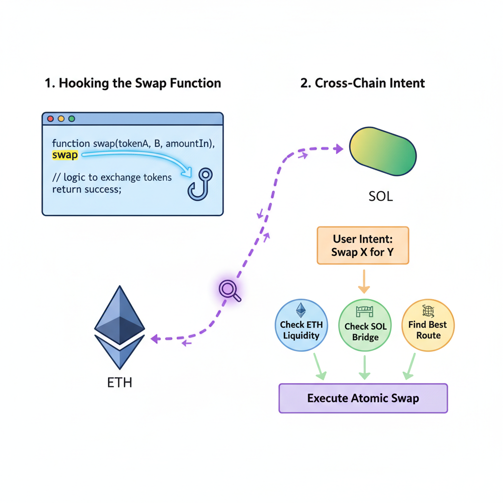 code snippet hooking swap function, ETH SOL blockchain icons connected, intents diagram