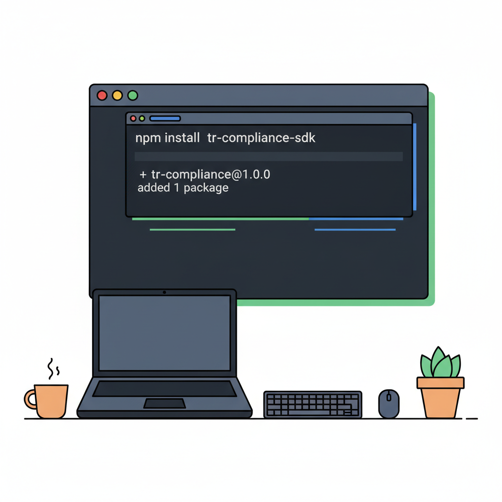 terminal window running npm install tr-compliance-sdk, dark code theme, developer setup