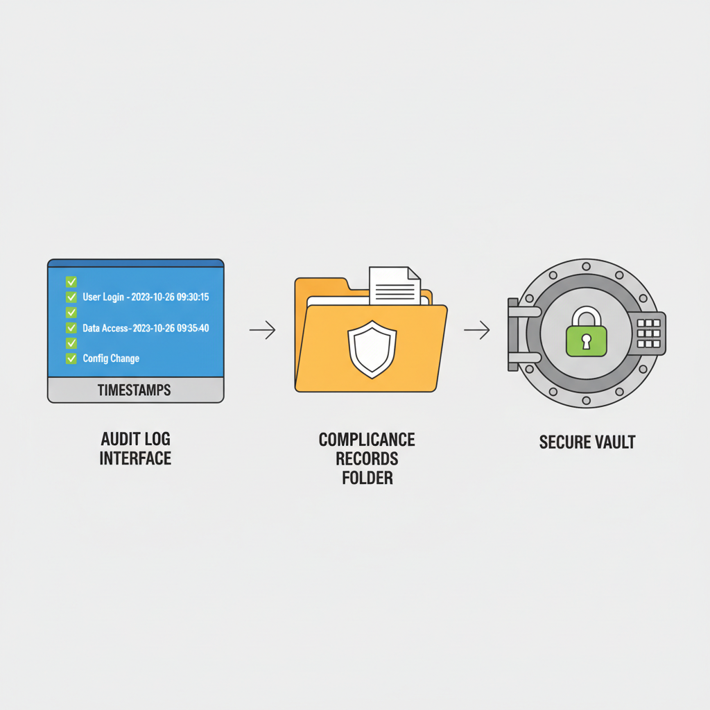 audit log interface checklists timestamps, compliance records folder, secure vault