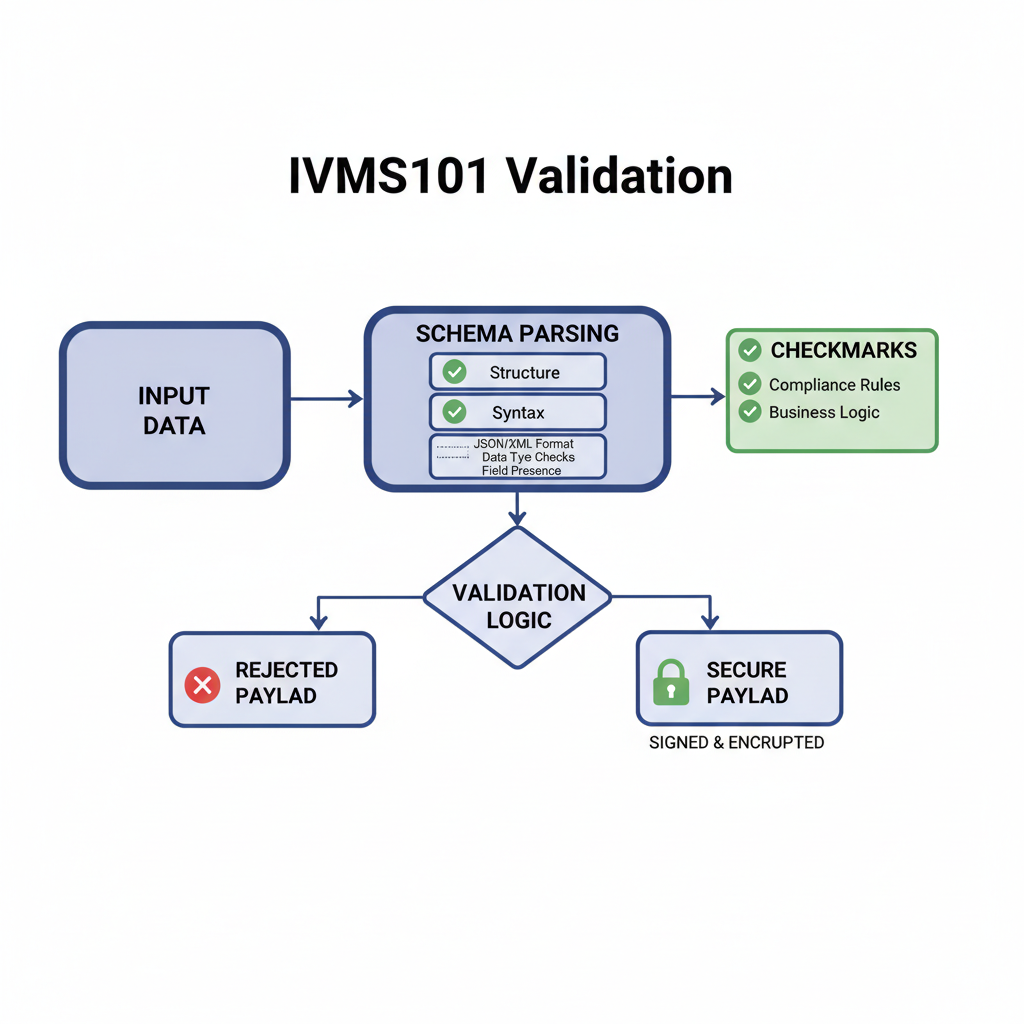 data flow diagram IVMS101 validation, checkmarks schema parsing, secure payload