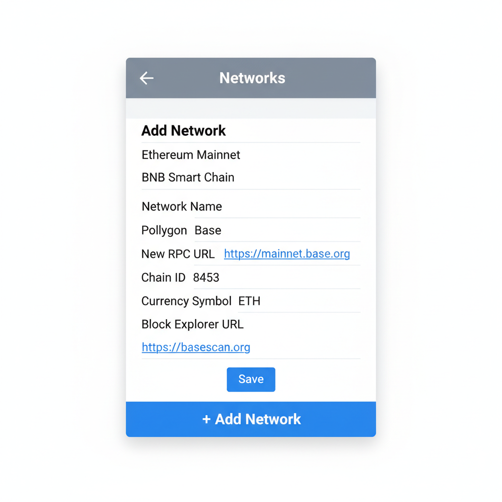 MetaMask settings screen adding Base network, RPC fields filled, simple screenshot style
