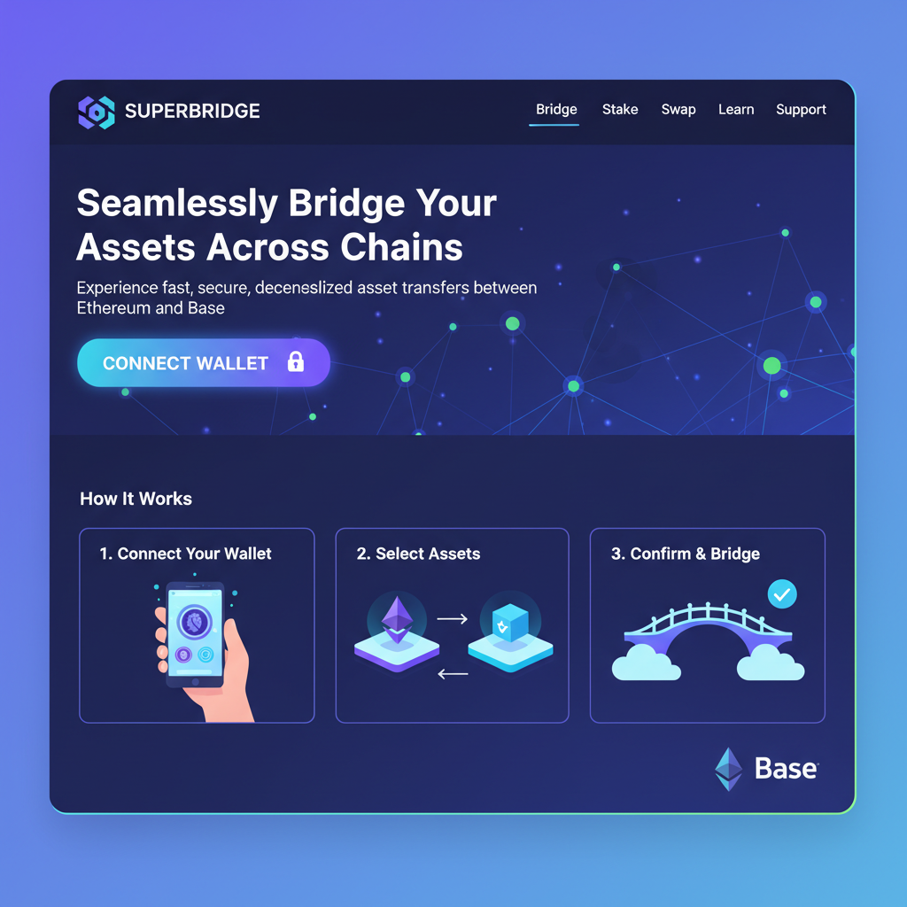 Superbridge homepage with prominent Connect Wallet button, Ethereum and Base logos, modern web3 UI