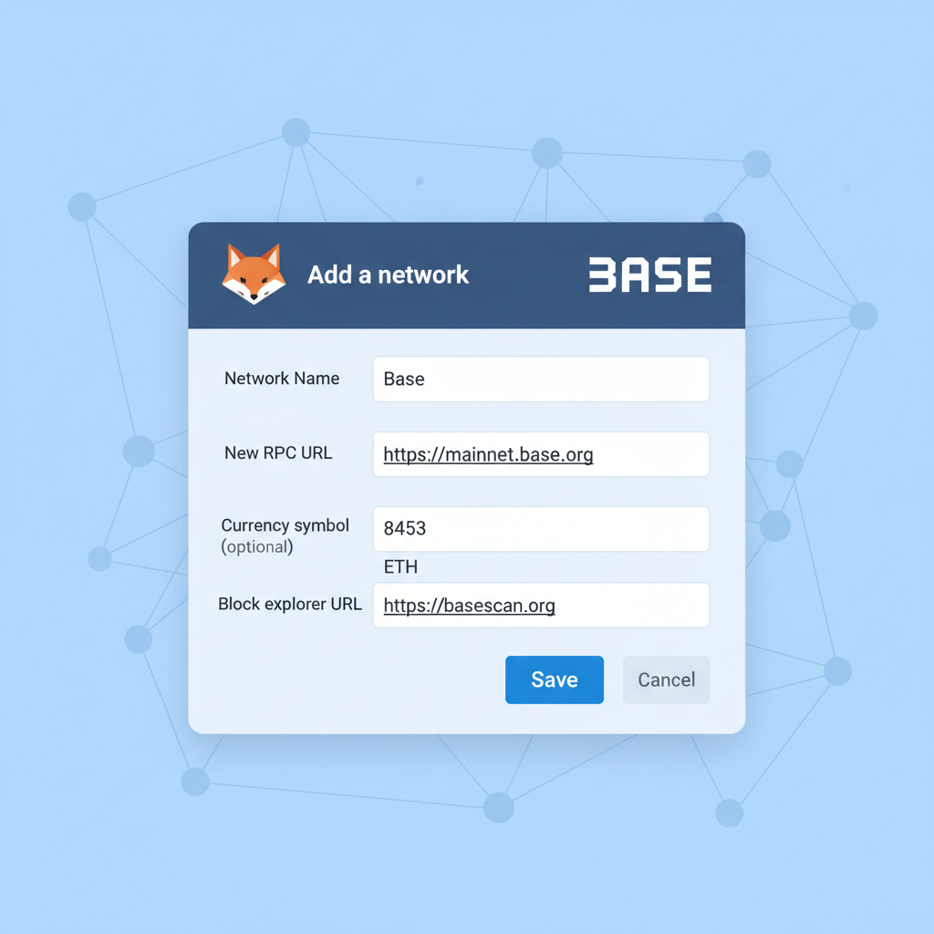 MetaMask add network form filled with Base RPC URL, chain ID 8453, basescan explorer