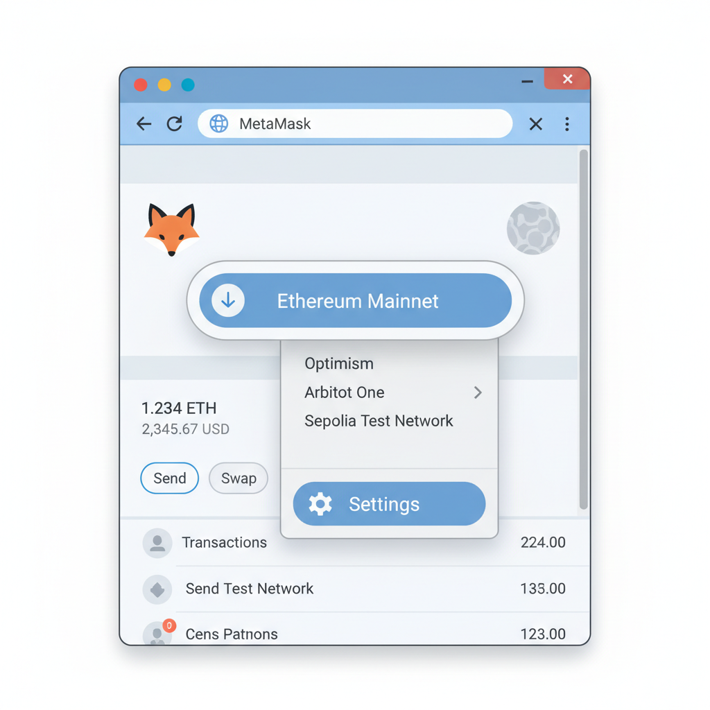 MetaMask wallet open in browser, network dropdown menu expanded to settings