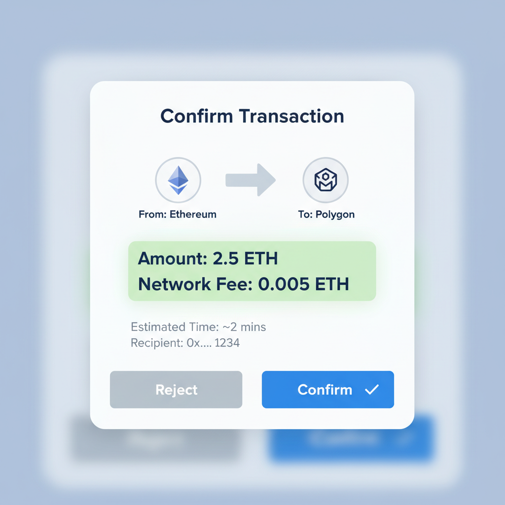 Wallet confirmation popup for bridge tx, details like amount and fees highlighted