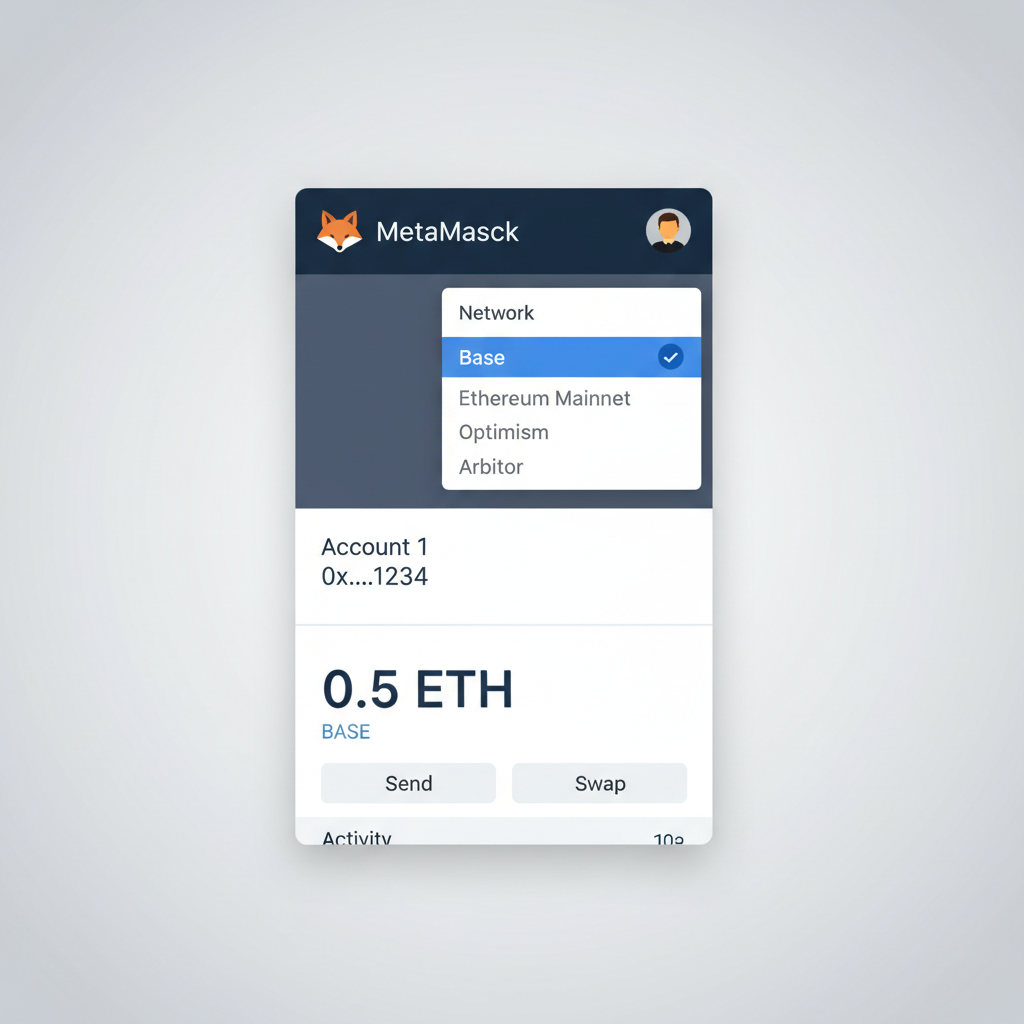 MetaMask interface showing Base network selected and active in dropdown