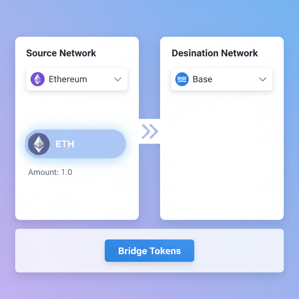 Superbridge interface showing Ethereum source, Base destination dropdowns, ETH token selected