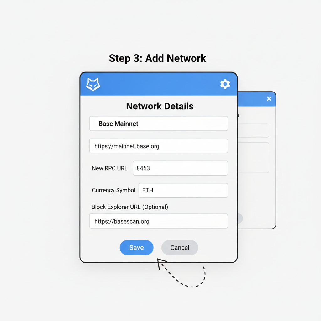 MetaMask network details popup displaying chain ID 8453 and RPC URL