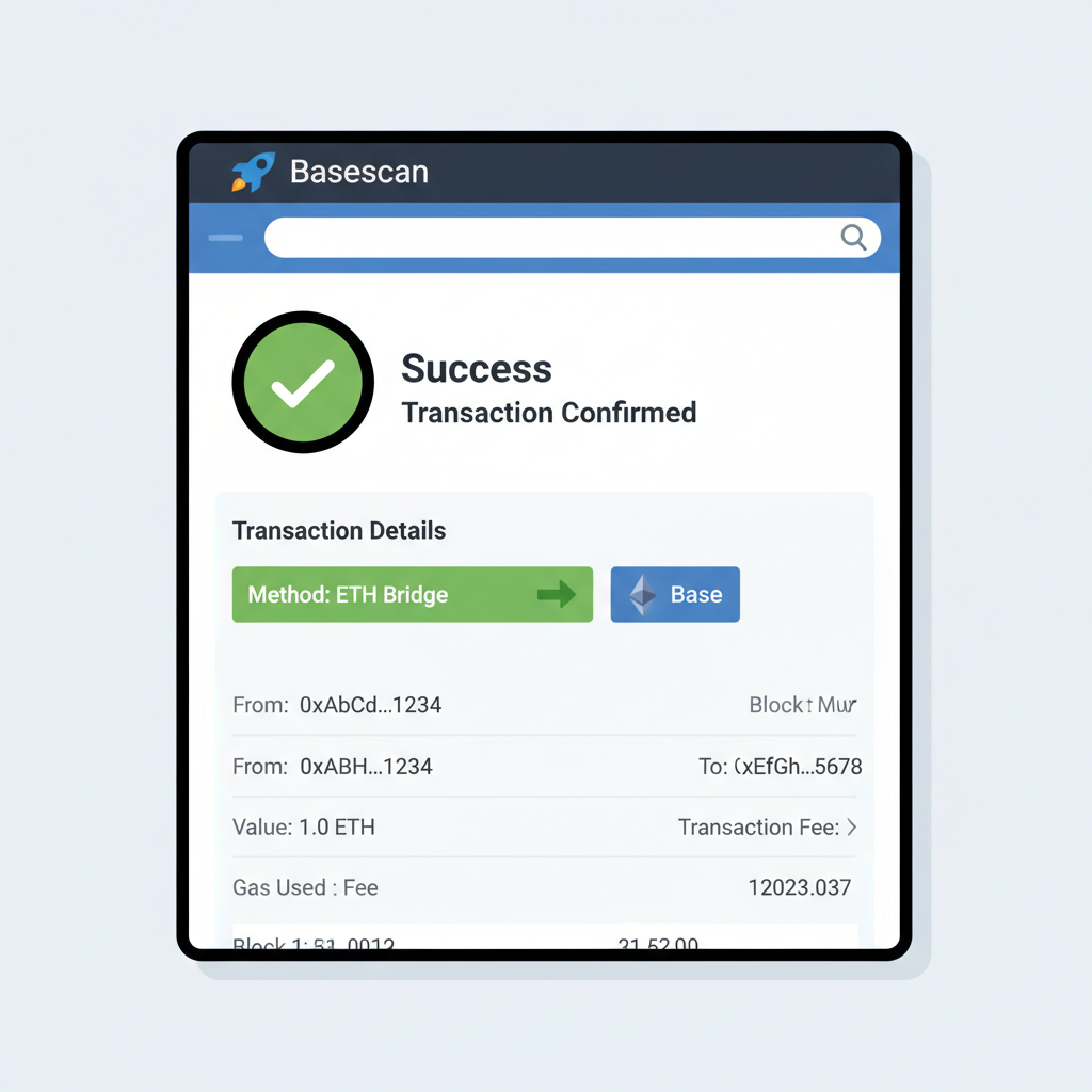 Basescan explorer page showing successful ETH bridge transaction, green checkmark