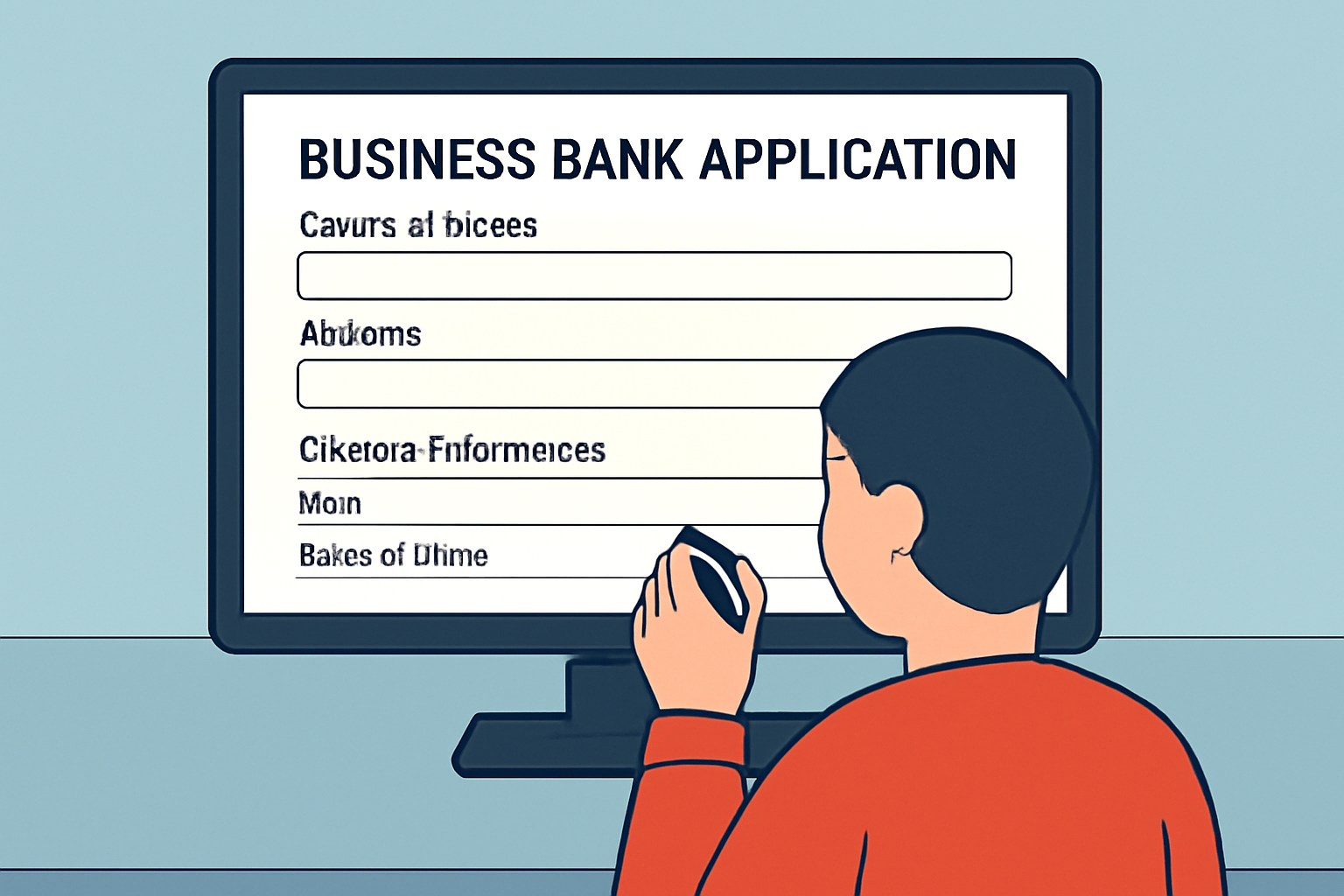 A person filling out an online business bank application form, with fields for company name, address, and director information, on a computer screen.