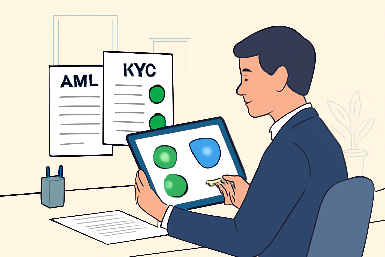 A compliance officer reviewing AML and KYC documents, with checkmarks and shield icons on a digital tablet, in a professional setting.