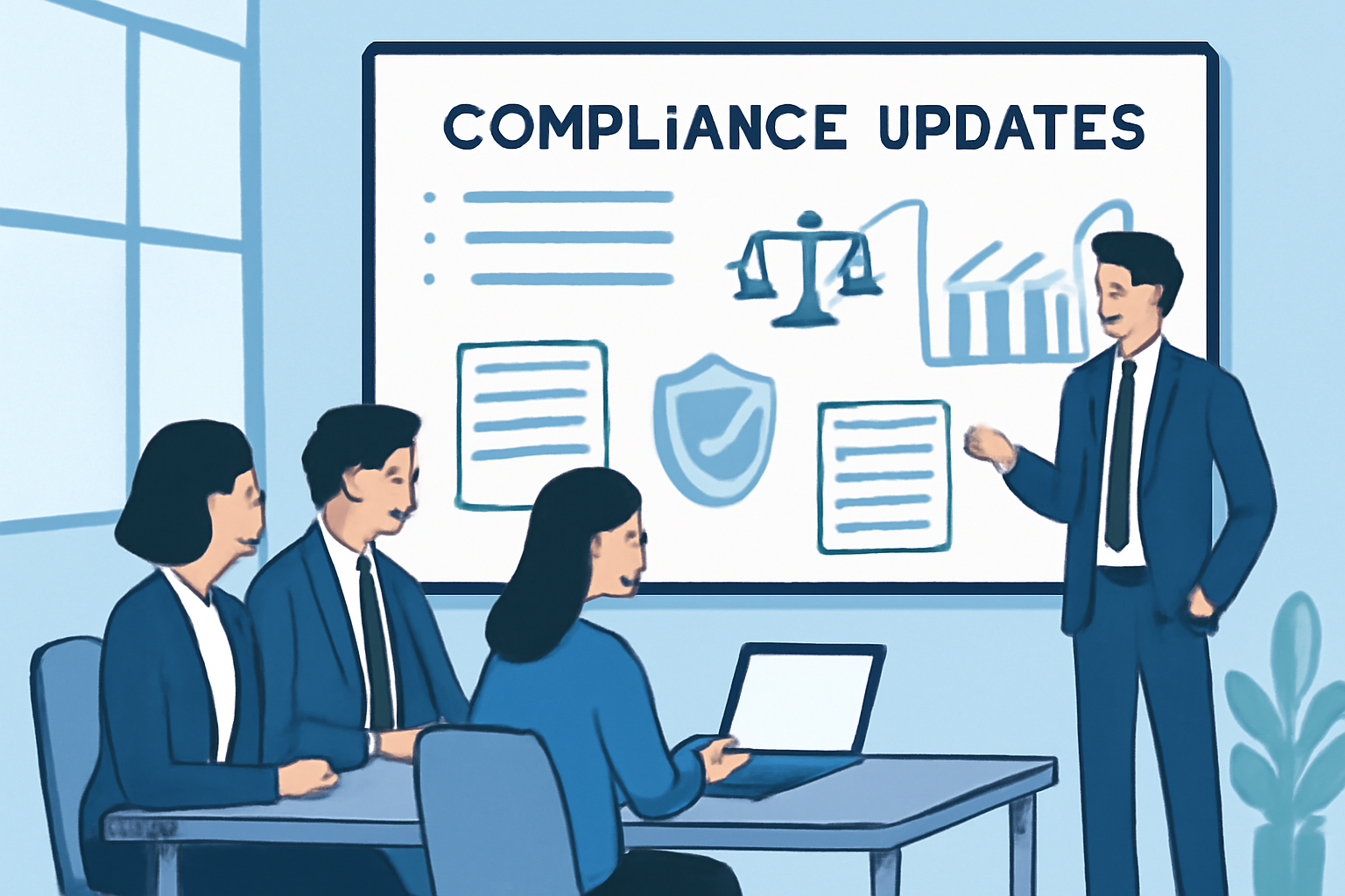 A business team reviewing compliance updates on a large screen, with charts and regulation icons, in a modern office.