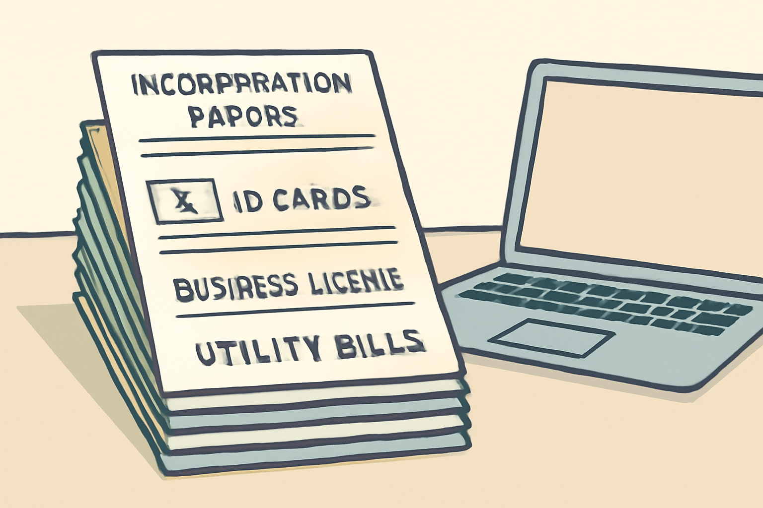 A neat stack of business documents: incorporation papers, ID cards, business licenses, and utility bills, arranged on a desk with a laptop.