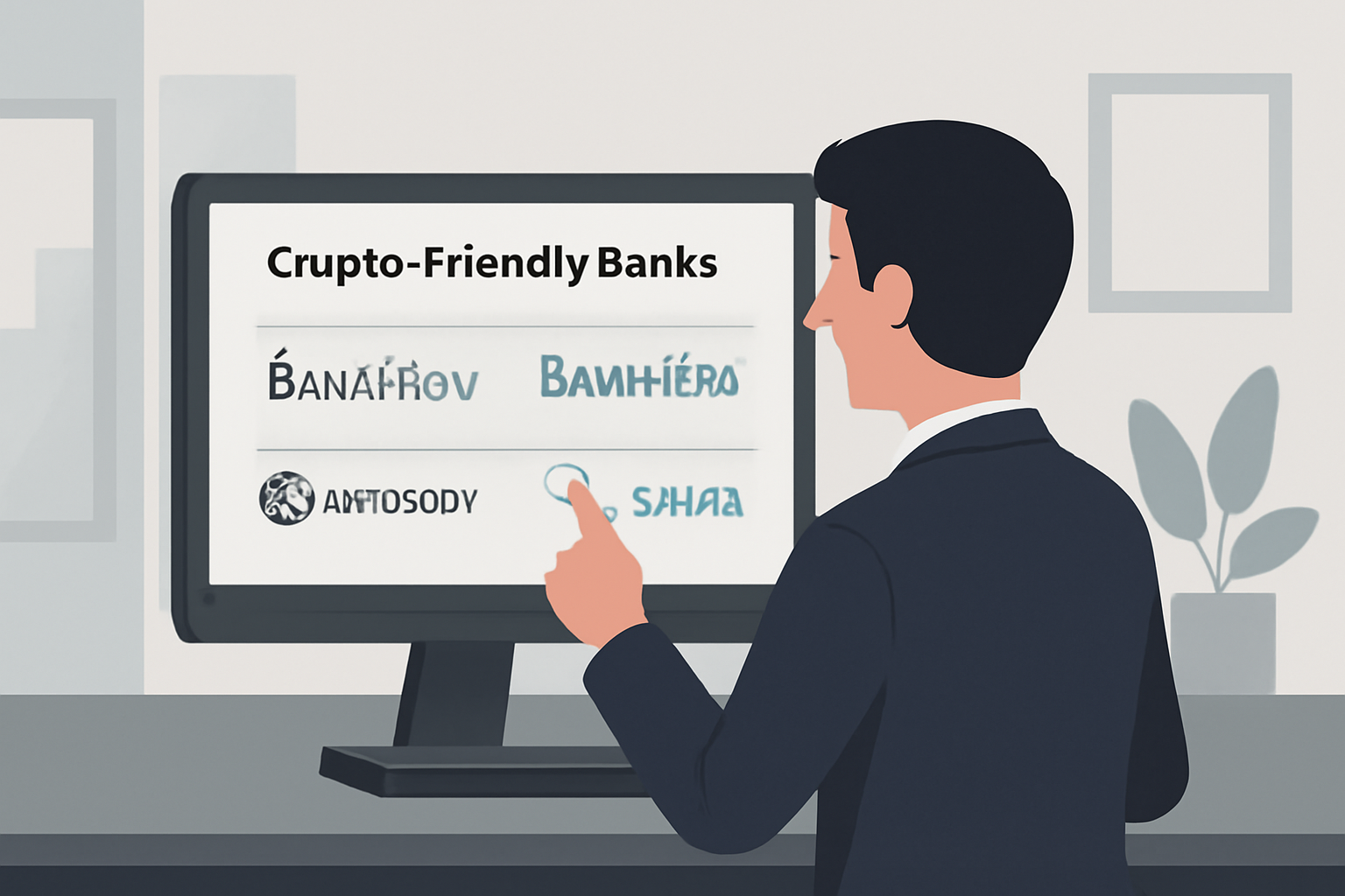 A businessperson comparing different crypto-friendly banks on a computer screen, with logos like BankProv, Bankera, Mercury, and Cashaa visible. Modern office background.