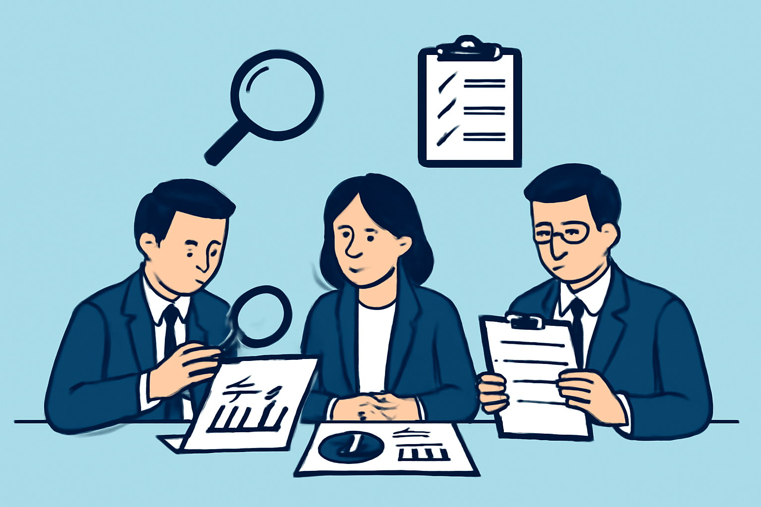 Bank compliance team analyzing business documents and financial charts, with magnifying glass and checklist icons.