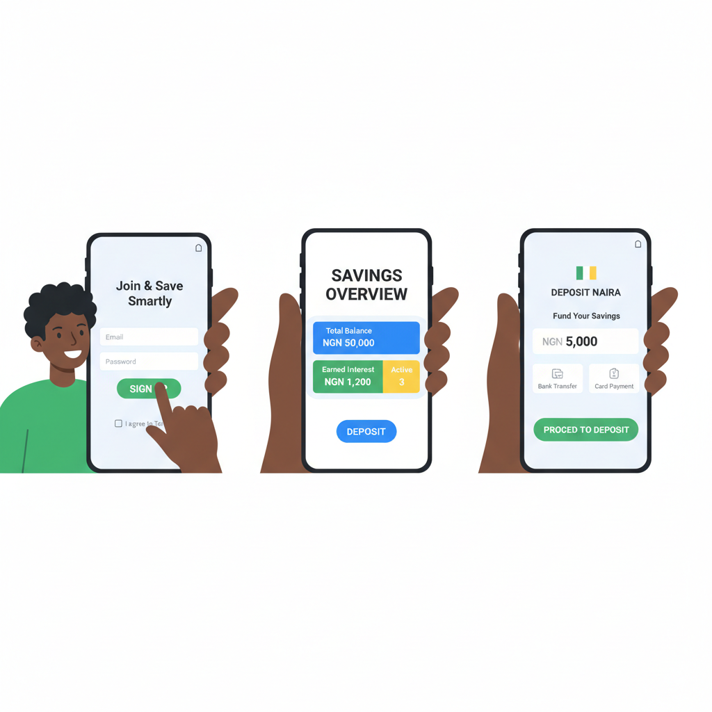 Nigerian user signing up on crypto savings app via mobile phone, clean dashboard, naira deposit screen