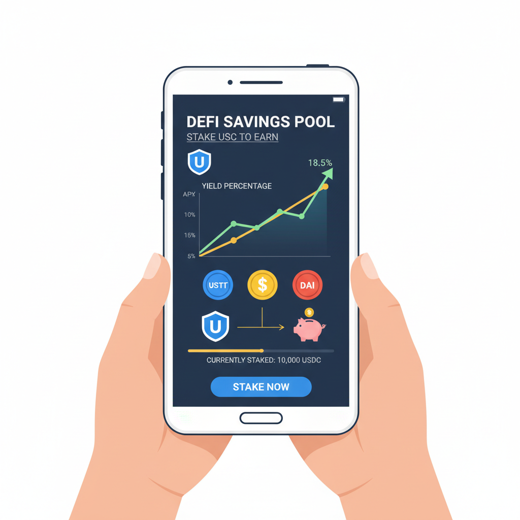 Staking USDC in DeFi savings pool on app, yield percentage graph, stablecoin icons, professional design