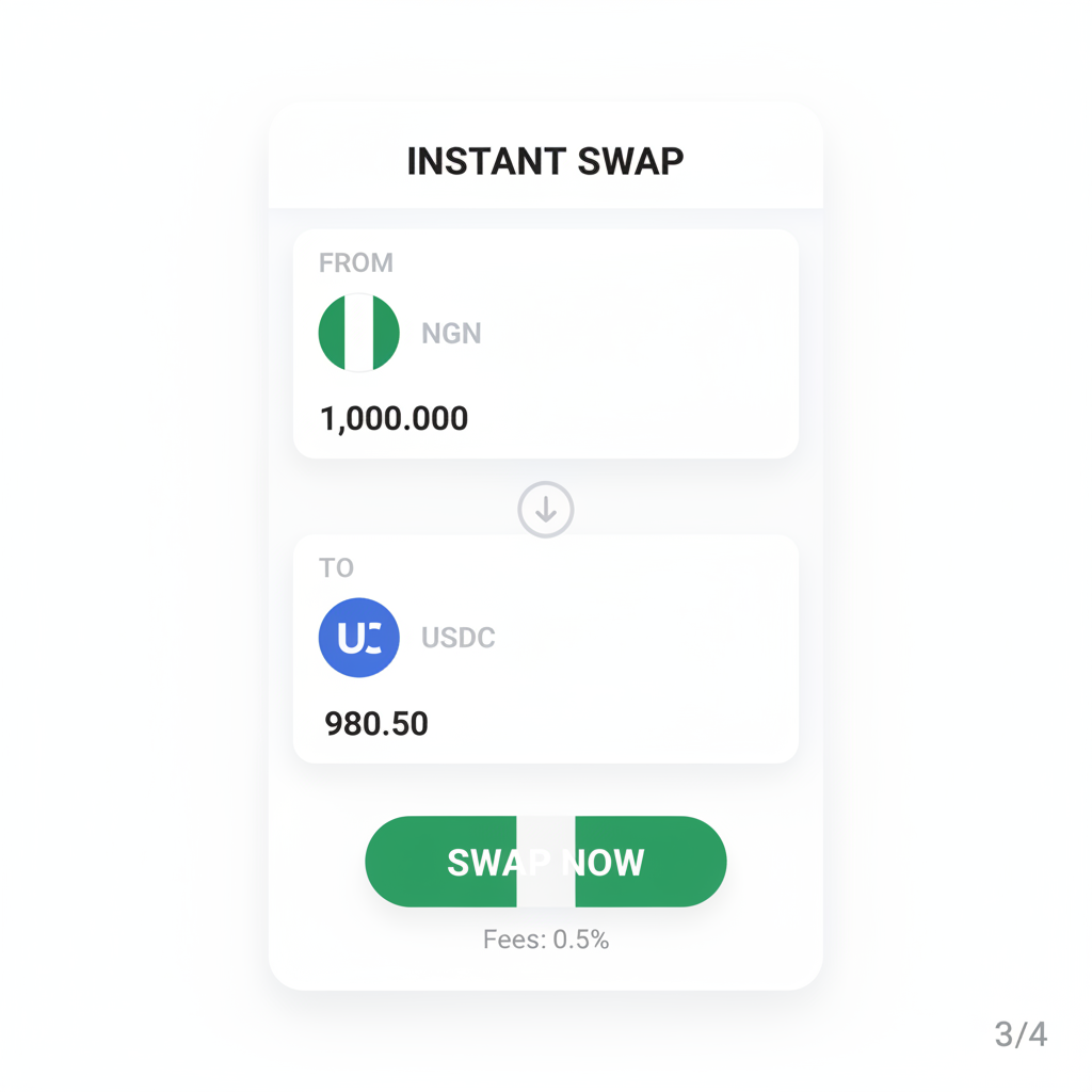Crypto swap interface on mobile app, NGN to USDC conversion, Nigerian flag elements, simple UI