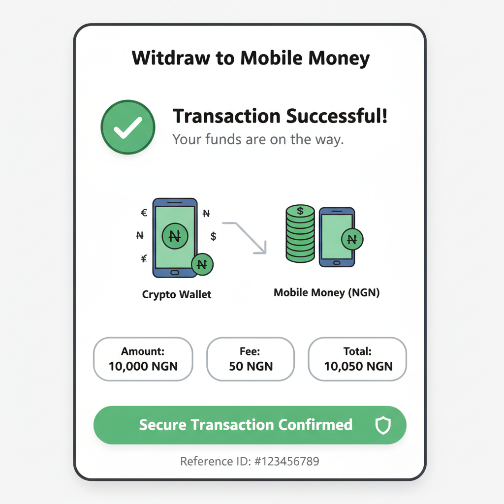 Withdrawal screen from crypto app to mobile money, Naira icons, success confirmation, secure transaction