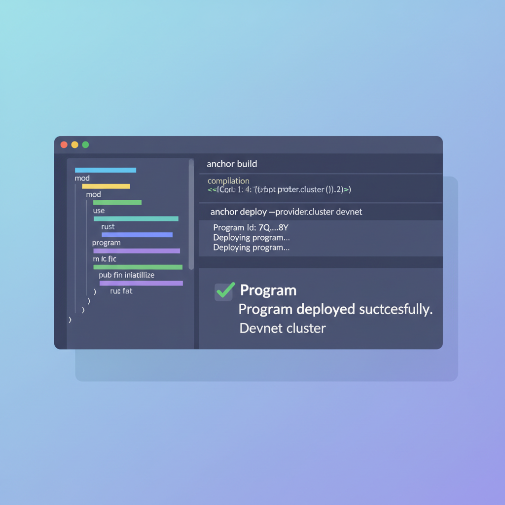 Solana Anchor CLI deploying program, terminal output success, devnet cluster, code snippets visible