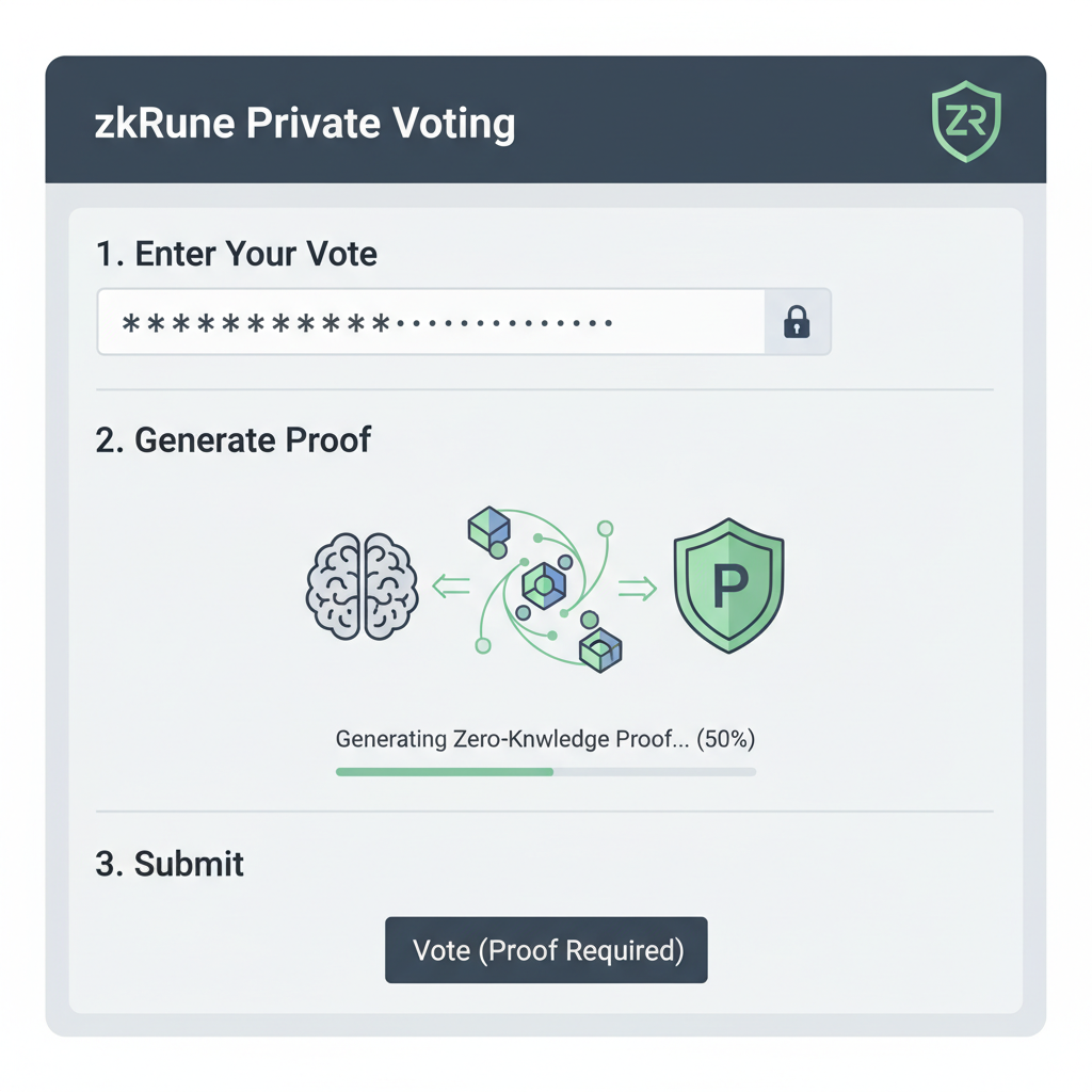 zkRune private voting interface, vote input masked, proof generation animation, privacy shield icon