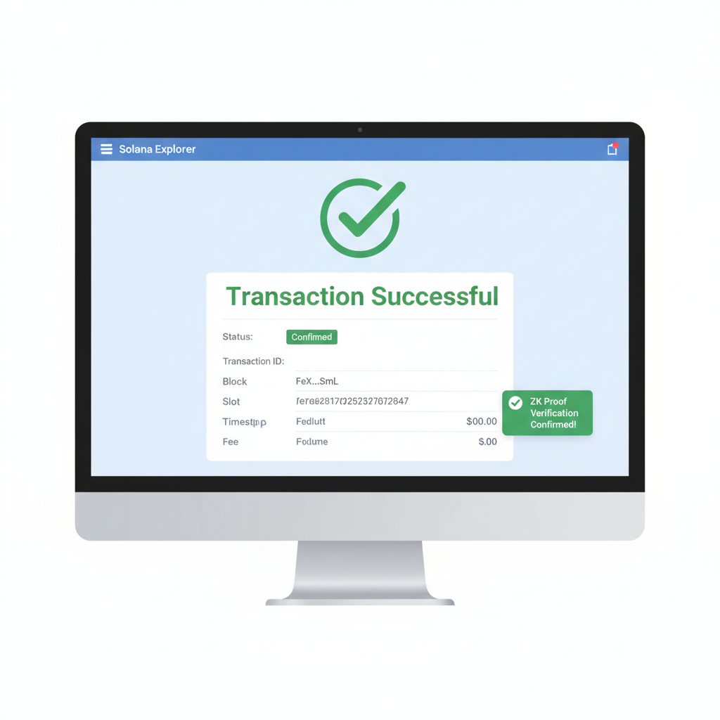 Solana Explorer transaction success, ZK proof verification confirmed, DAO voting dashboard mockup