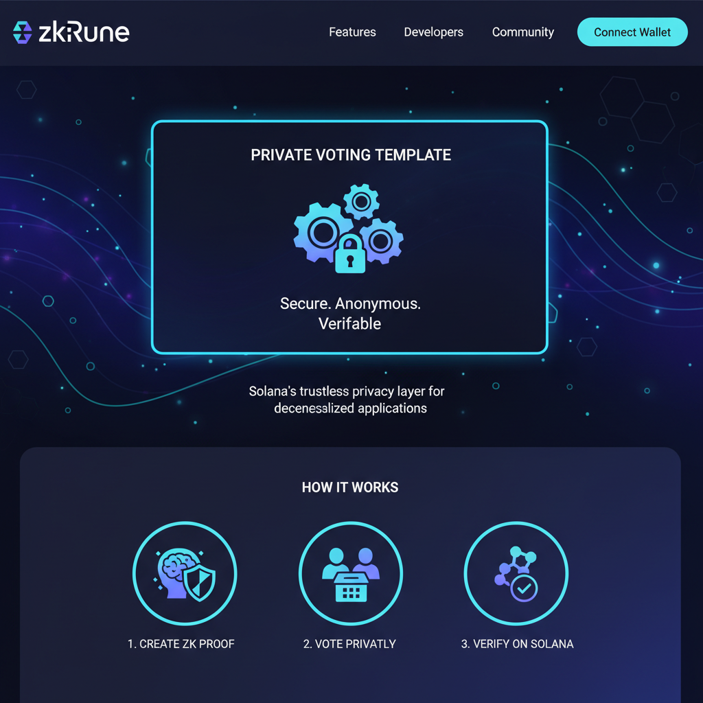 zkRune website homepage, private voting template card highlighted, Solana ZK proofs theme, futuristic UI