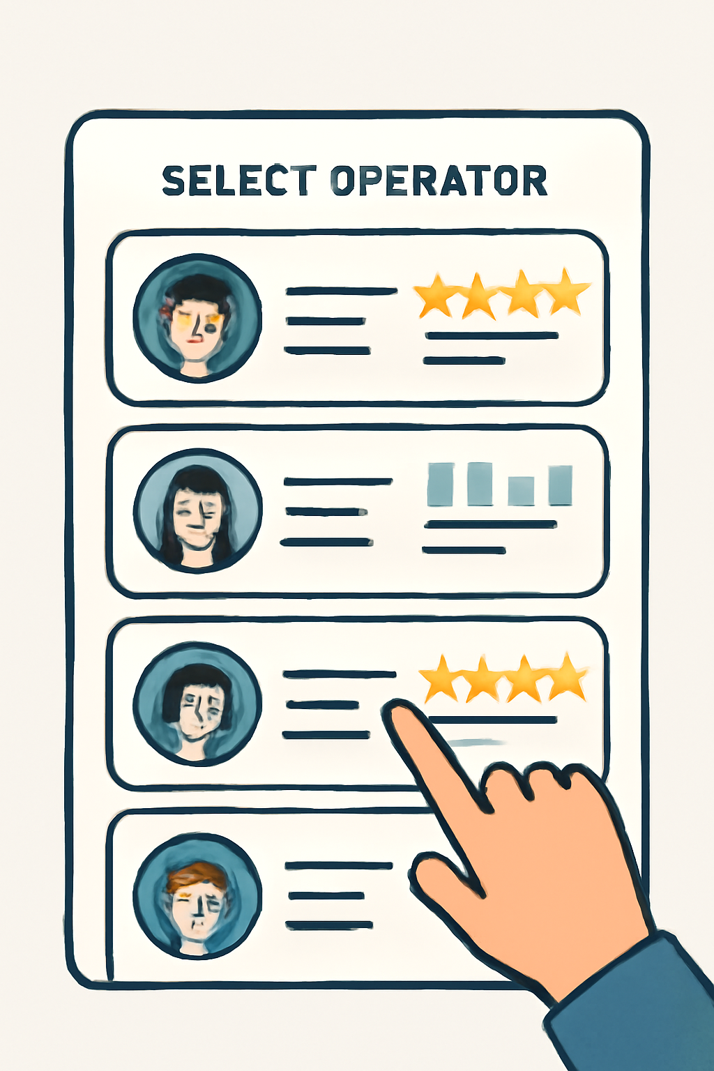 A user selecting a new operator from a list, with performance metrics and reputation stars visible.