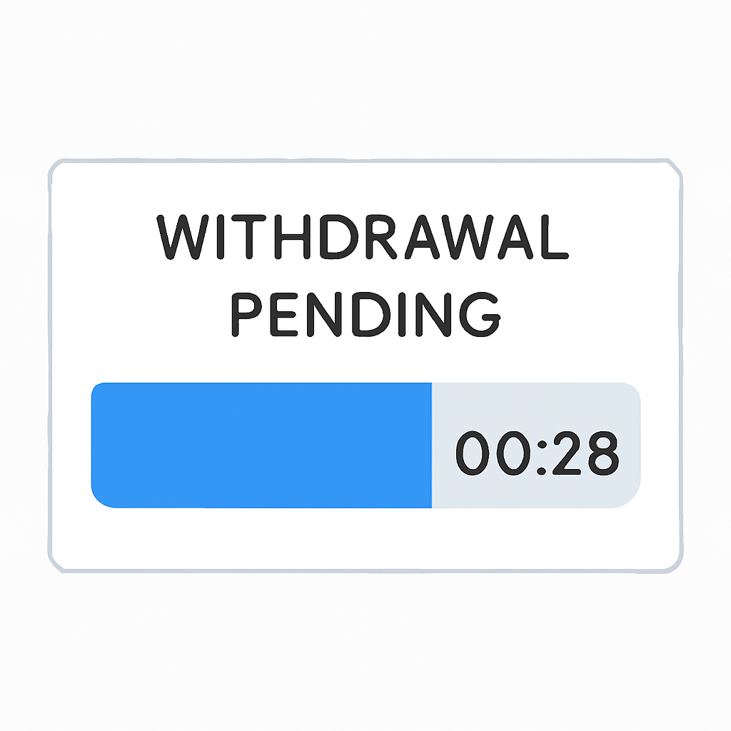 A progress bar labeled 'Withdrawal Pending' with a countdown timer on a digital dashboard.
