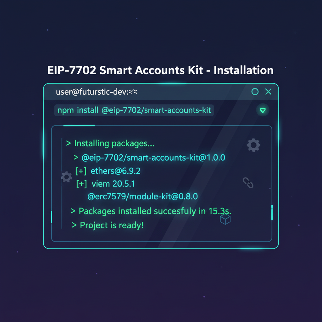 developer terminal installing npm packages for EIP-7702 Smart Accounts Kit, neon code glow, futuristic UI