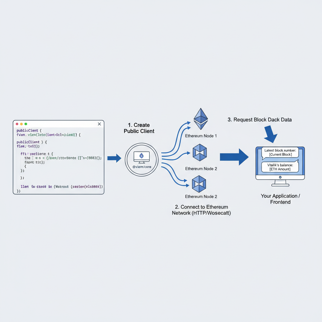 code snippet creating Viem public client, Ethereum blockchain nodes connecting, data flow visualization