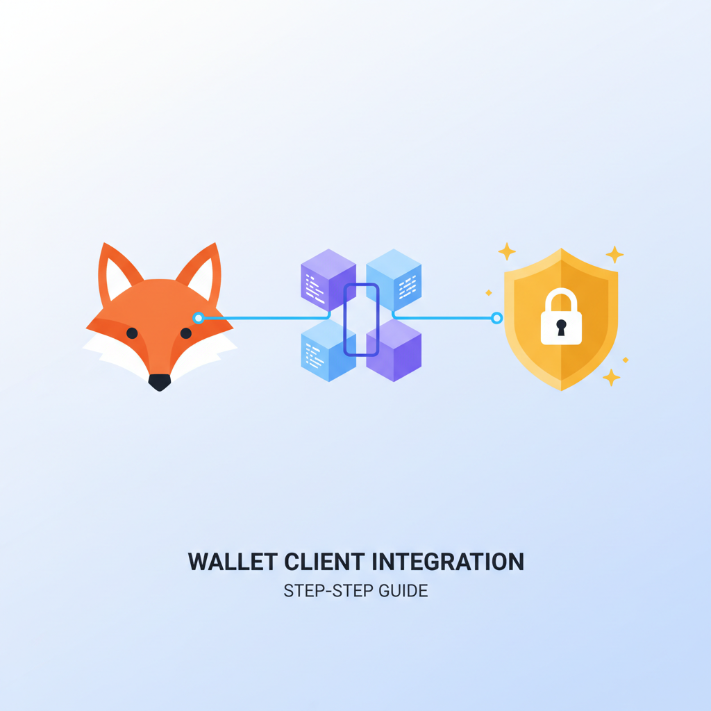 wallet client integration code, MetaMask logo fusing with smart contract, secure key vault