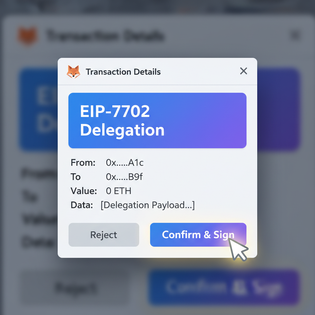 signing EIP-7702 delegation transaction, glowing authorization button, MetaMask popup
