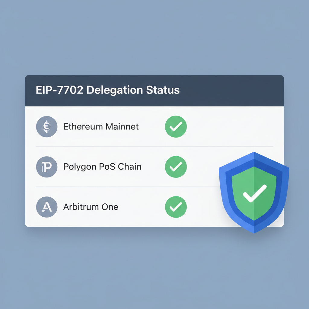 dashboard checking EIP-7702 delegation status, green checkmarks on chains, security shield