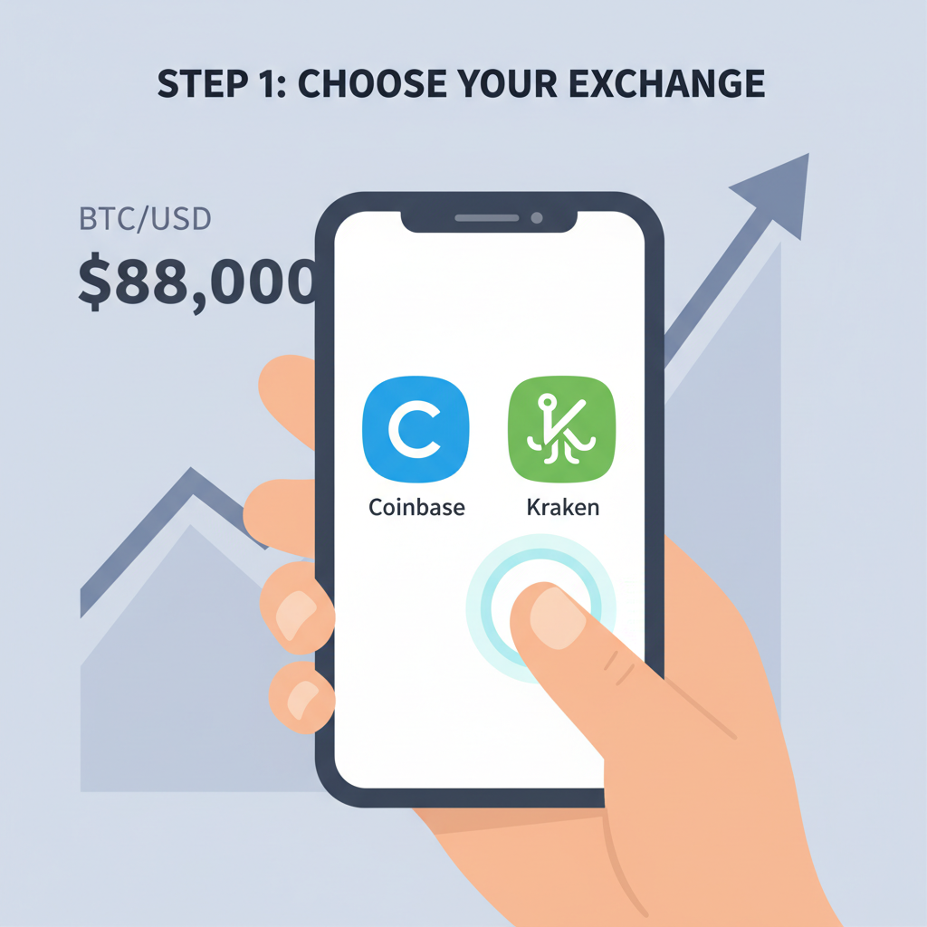 beginner on phone selecting Coinbase or Kraken exchange app, bitcoin price chart at $88k background, clean UI