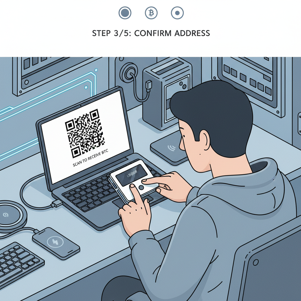 person setting up Ledger hardware wallet with Bitcoin QR code, secure vault aesthetic, tech setup desk