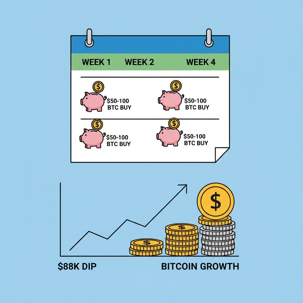 calendar with weekly DCA buys of $50-100 Bitcoin, upward arrow chart from $88k dip, coins stacking